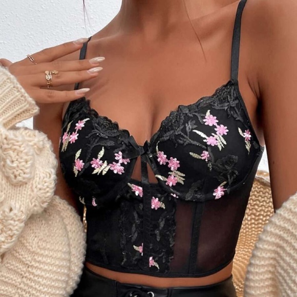 BellanBlue Tops - Black Floral Embroidered Sheer Corset Crop Top